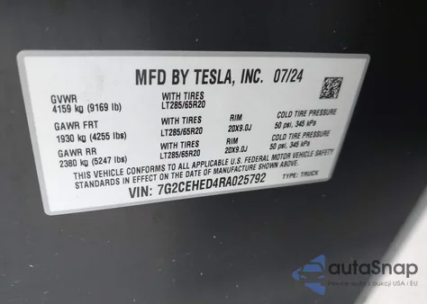 2024 Tesla Cybertruck z USA, uszkodzony, nr VIN 7G2CEHED4RA025792